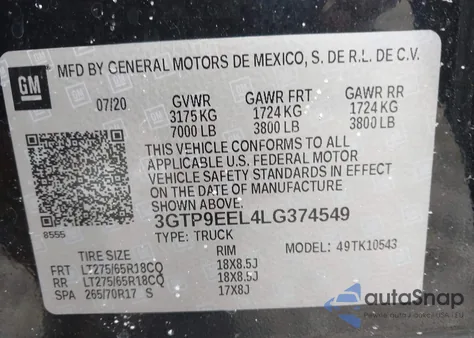 2020 GMC Sierra 1500 4Wd Short Box At4 z USA, uszkodzony, nr VIN 3GTP9EEL4LG374549